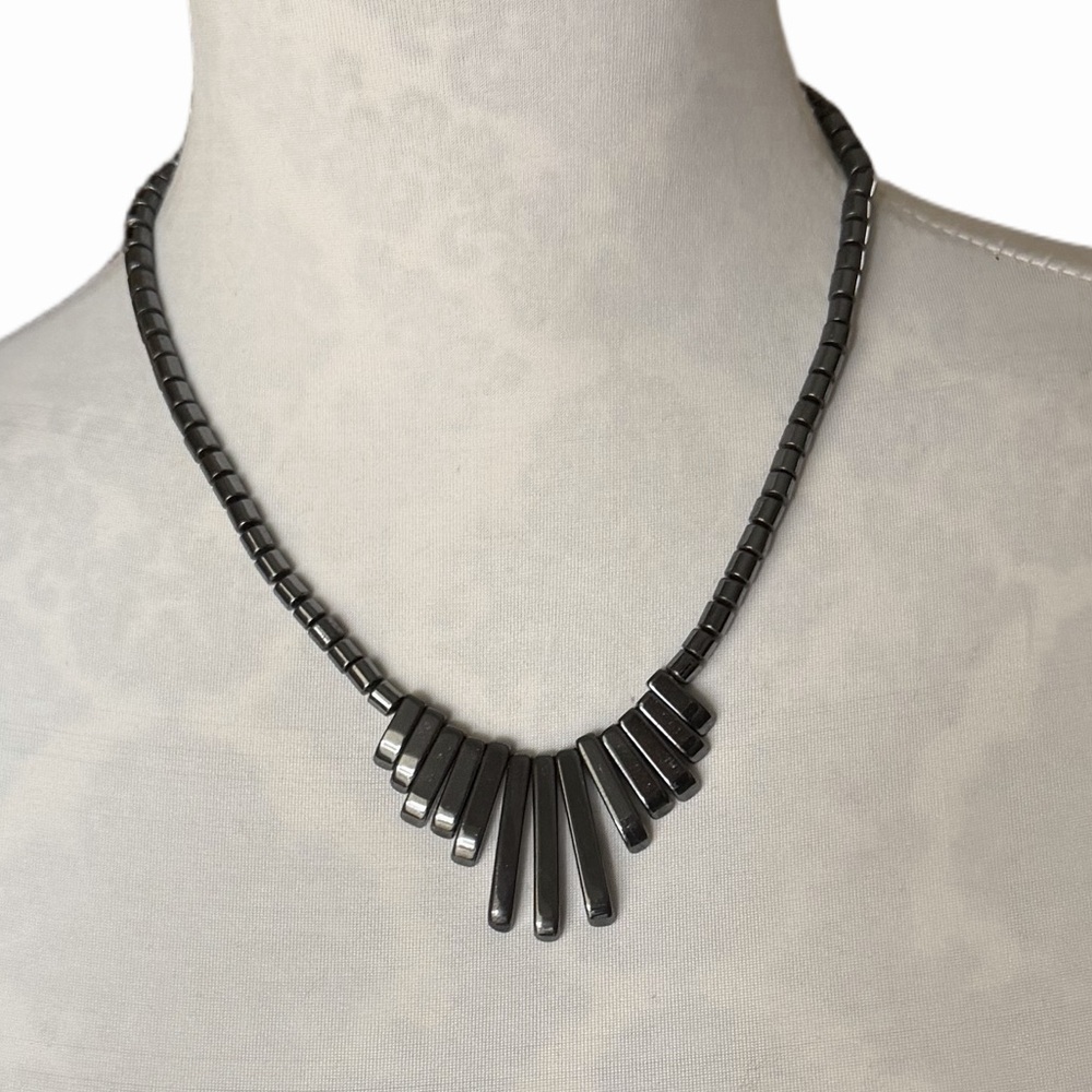 Hematite Bar Fringe Necklace – Gunmetal Gray Geometric Statement Necklace